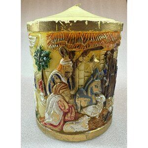 Nativity Pillar Candle Molded Handpainted Christmas Holy Family Wise Men Angels
